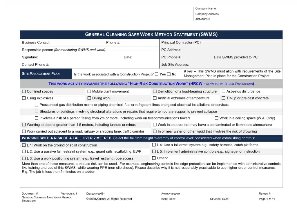 General Cleaning SWMS – 2026 Complete Safe Work Method Statement