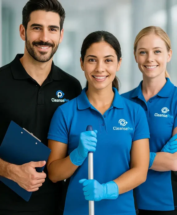 CleansePro Team | Trusted Commercial Cleaners in Uniform – Vertical Portrait Vertical portrait of professional CleansePro cleaning team in uniform, smiling and standing together, representing trusted Gold Coast commercial cleaners.