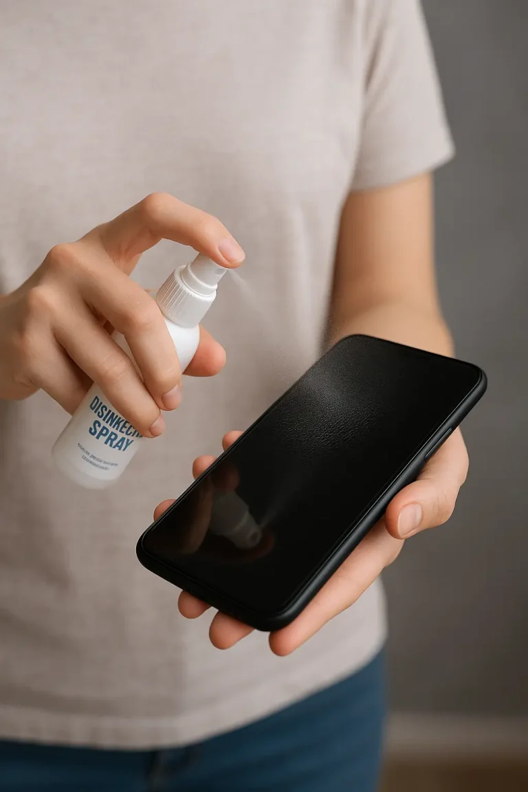 A person showing how to properly sanitise a smartphone