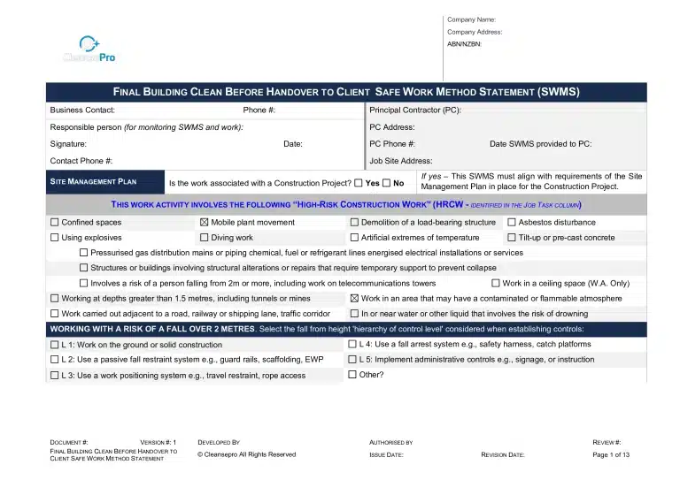 CleansePro cleaning SWMS template 2026 — editable safe work method statement for Australian cleaning contractors