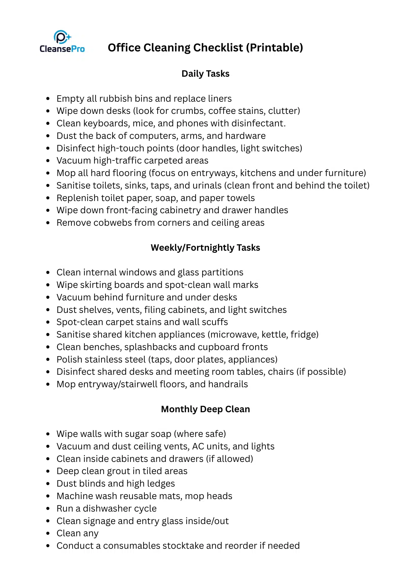 Office Cleaning Checklist (Printable PDF) – Free Download 1 Office Cleaning Checklist (Printable PDF)