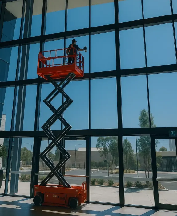 ewp window cleaners gold coast on an electric scissor lift internal window cleaning CleansePro technician using an elevated scissor lift to clean high internal glass panels in a commercial building on the Gold Coast.