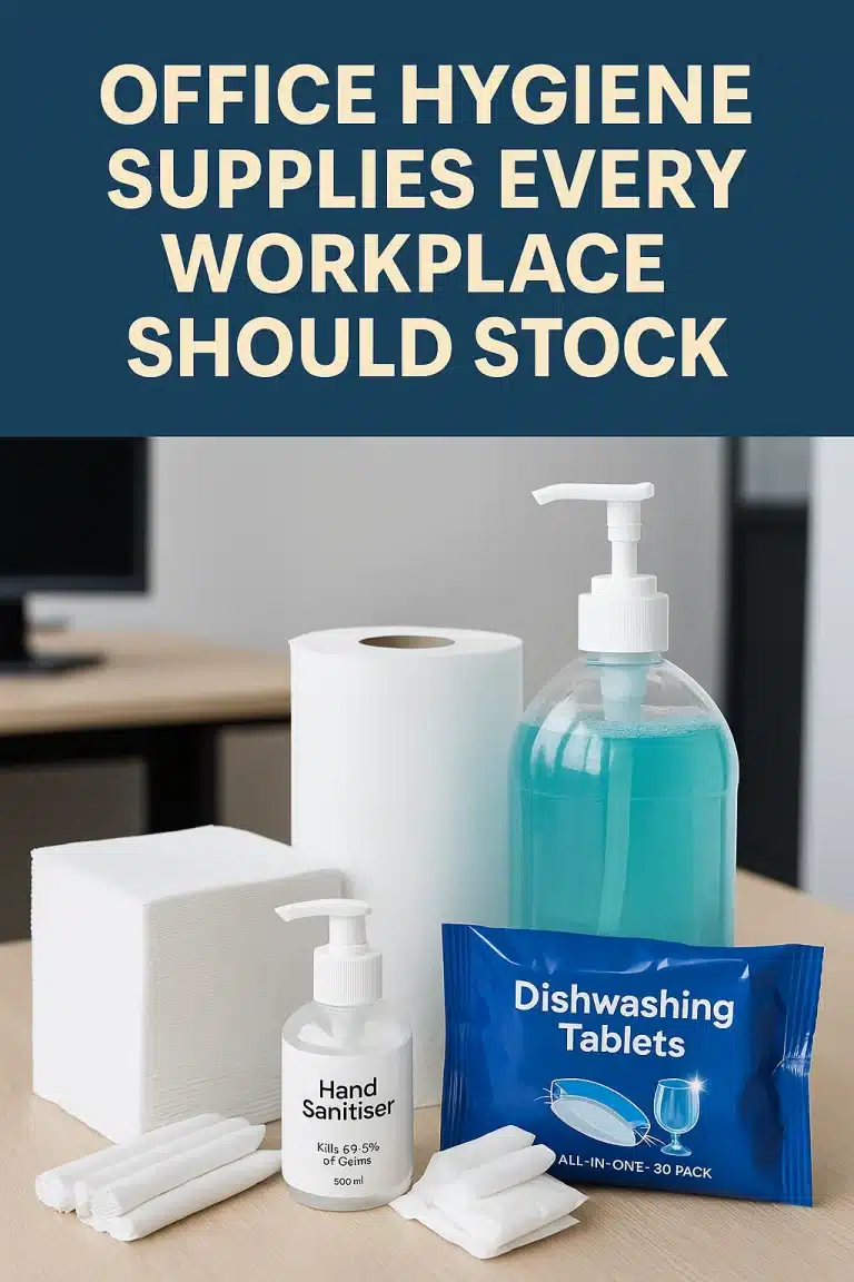 Office hygiene supplies neatly arranged on a countertop, including hand soap, paper towels, tissues, and cleaning sprays – ideal for Gold Coast businesses focused on cleanliness and staff well-being