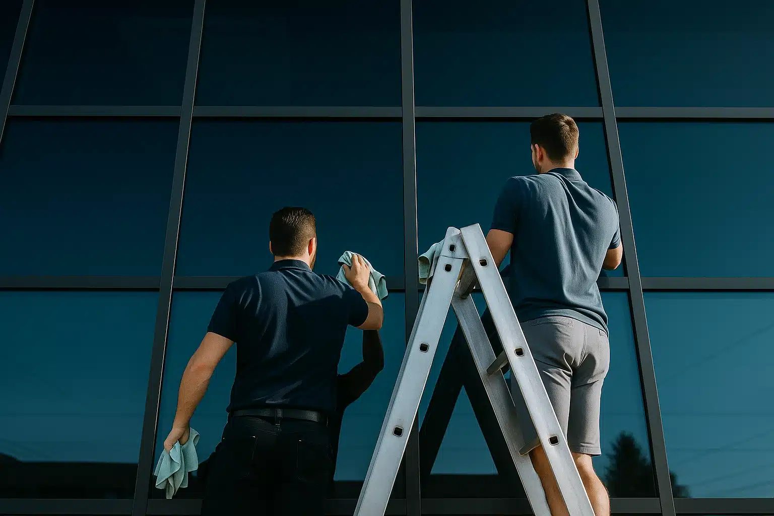 professional-window-cleaners-gold-coast-ladder-access Two CleansePro professionals cleaning large exterior windows using ladder access and microfibre cloths during a Gold Coast commercial window cleaning service.