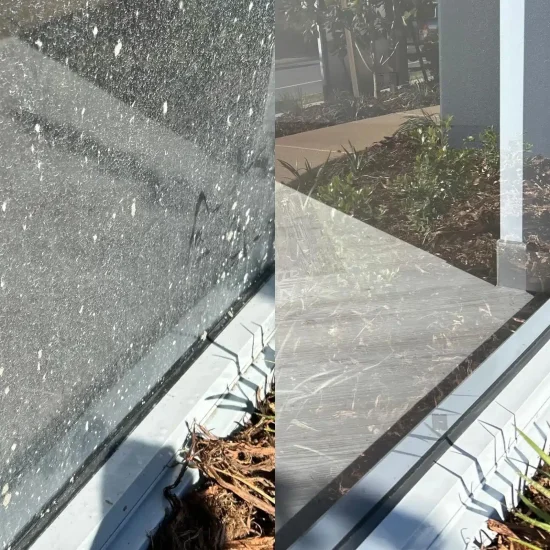 side by side image cement on window before and after Heavily soiled window with cement and construction residue prior to professional cleaning on the Gold Coast.