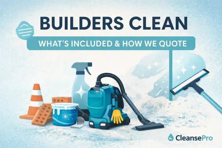 What is a builders clean – illustration showing post-construction cleaning tools, vacuum, debris removal and window cleaning after a building project.