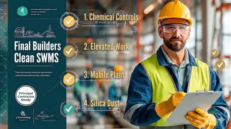 Professional cleaning contractor reviewing Final Builders Clean SWMS on a construction site — CleansePro Australia