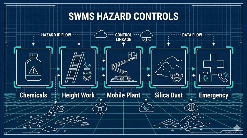 Final Builders Clean SWMS — What It Must Include (2026) 2 Final Builders Clean SWMS hazard categories — chemicals, elevated work, mobile plant, silica dust and emergency response