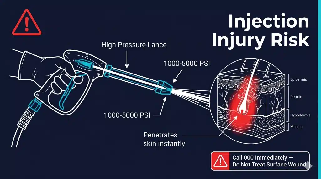 Pressure Washing SWMS Australia — When You Need One and What It Must Cover 3 High pressure injection injury risk diagram — pressure washing lance penetration hazard and emergency response for Australian cleaning contractors