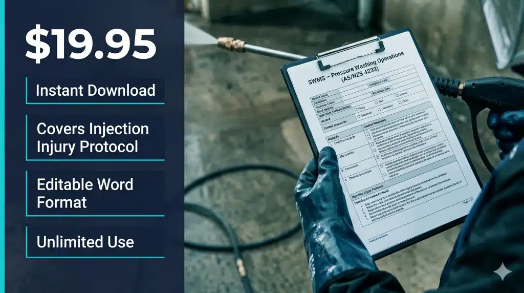 Pressure Washing SWMS Australia — When You Need One and What It Must Cover 4 Download CleansePro Pressure Washing SWMS — covers injection injury, AS/NZS 4233 and wastewater disposal, $19.95 instant delivery