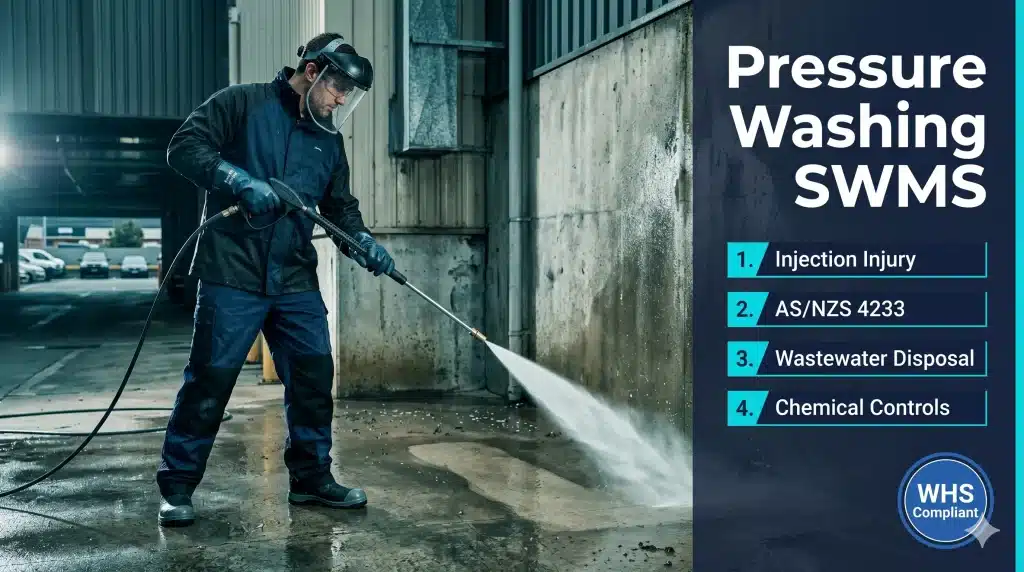 Professional pressure washing operator in full PPE on commercial site — Pressure Washing SWMS required for all high-pressure cleaning in Australia