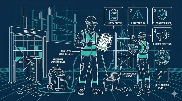 What are SWMS — cleaning contractor presenting Safe Work Method Statement at construction site gate — CleansePro Gold Coast Placement: Featured image (WordPress sidebar) + top of post