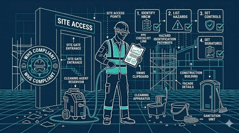 What is a SWMS — cleaning contractor with Safe Work Method Statement at construction site — CleansePro Australia