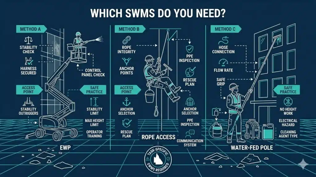 Window Cleaning SWMS Australia — When You Need One and What It Must Cover 2 Window cleaning access methods comparison — EWP, rope access and water-fed pole SWMS requirements for Australian contractors