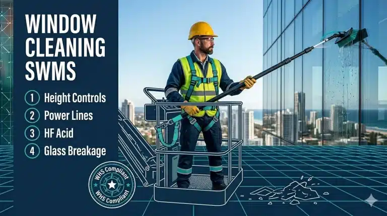 Window cleaning contractor operating EWP boom lift beside commercial building — Window Cleaning SWMS required for all elevated window cleaning in Australia