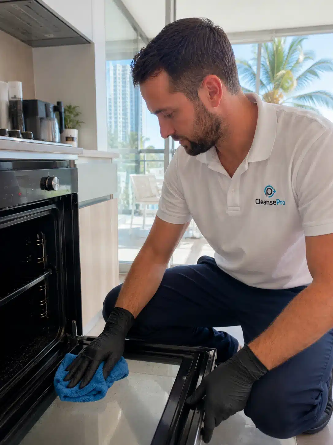 CleansePro cleaner scrubbing oven interior to inspection standard — Gold Coast bond clean
