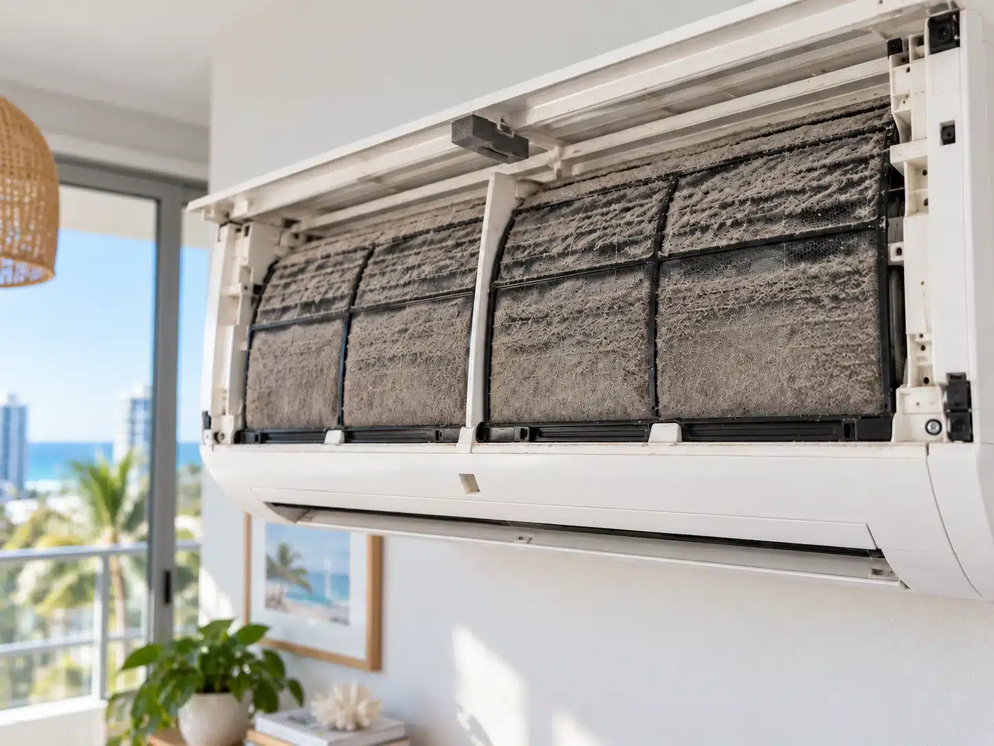 Dusty split system air conditioner before CleansePro aircon cleaning