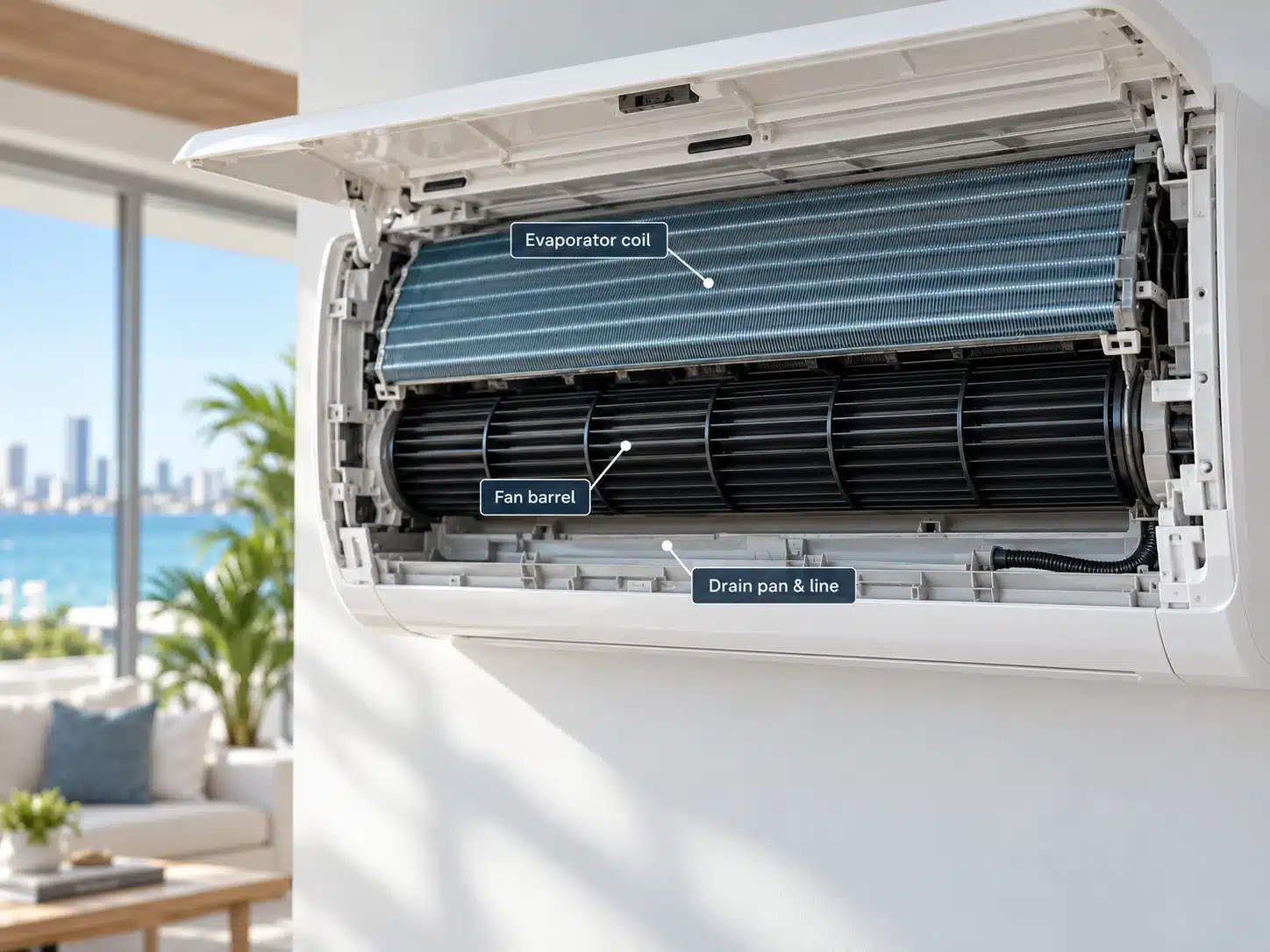 Split system air conditioner opened for internal coil, fan barrel and filter cleaning